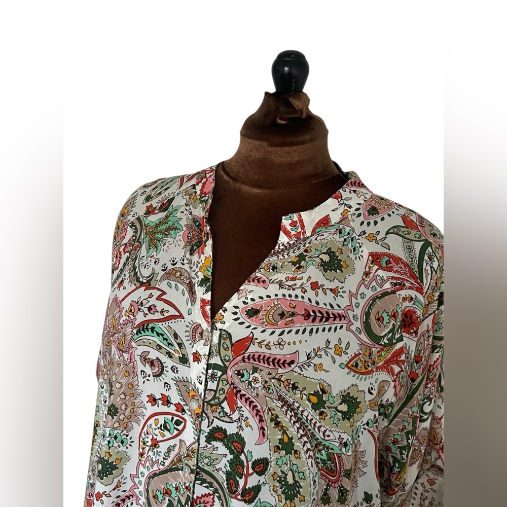 Grand & Greene Boho Paisley Tunic Blouse Roll Tab Sleeve Button Up Plus Size 1X - Picture 6 of 11